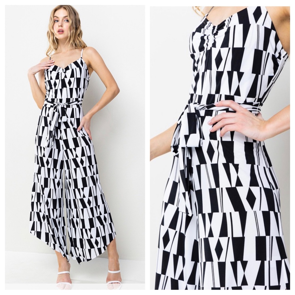 29 Boho Stretch Geometric Self Tie Waist Jumpsuit - Picture 4 of 4